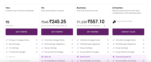Slack pricing page
