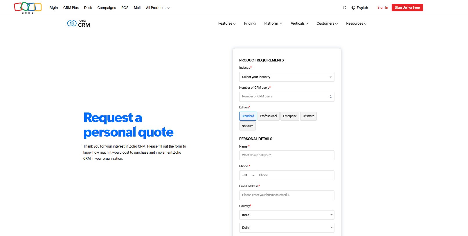 Quote Forms - Zoho