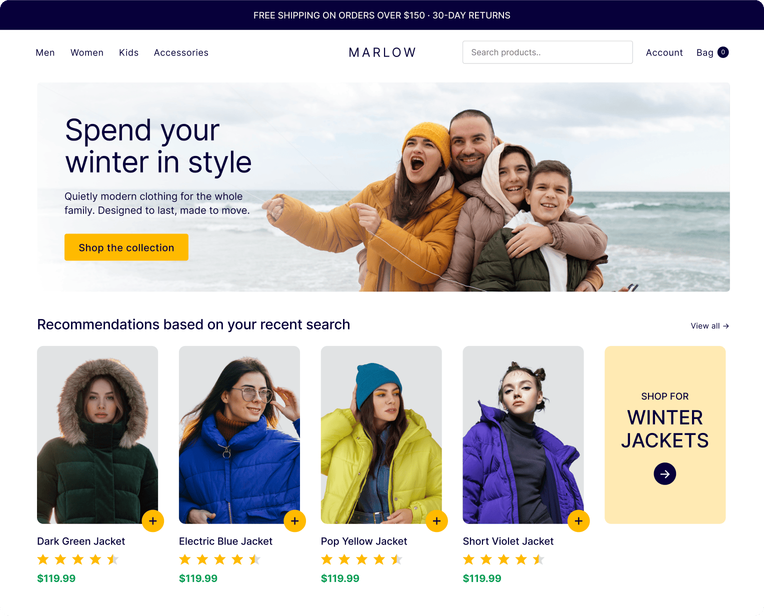 Personalized product recommendation widget based on each shopper's browsing history and purchase behavior.