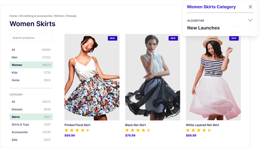 Category merchandising dashboard with campaign rules, product boosting, personalized rankings, and merchandising controls.
