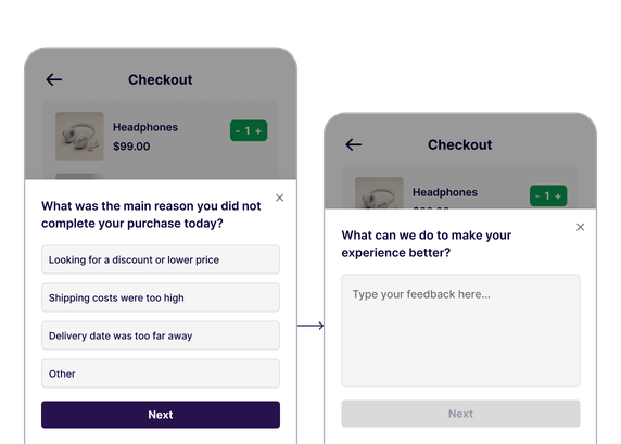 Exit-intent feedback survey on a checkout page to understand abandonment reasons