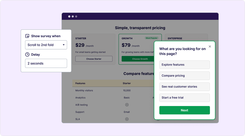 Pricing page with an on-page feedback question asking visitors what they are looking for