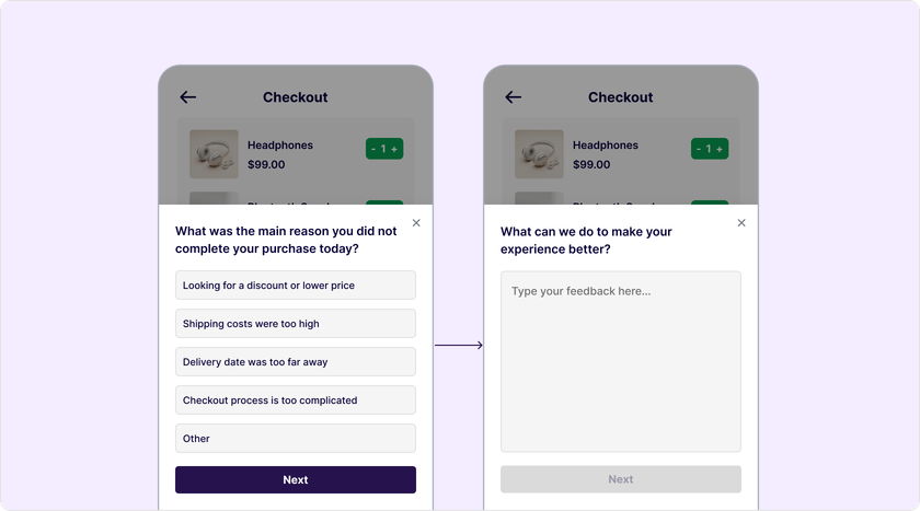 Exit-intent feedback survey on a checkout page to understand abandonment reasons
