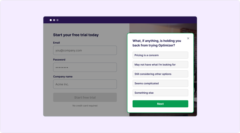 On-page feedback survey capturing reasons visitors hesitate to start a free trial