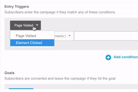 a GIF showing how to setup entry element clicked trigger conditions for a push notification campaign