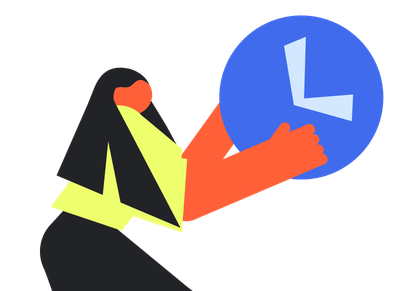 Personne tendant la main vers une grande illustration d'horloge