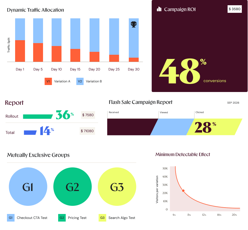 Beispielhafte Wingify-Produktcharts zu Traffic-Allokation, Kampagnen-ROI, Reports, exklusiven Gruppen und minimal nachweisbarem Effekt
