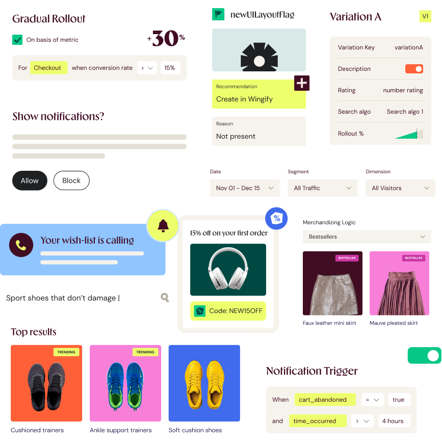 Beispielhafte Wingify-Produkt-UI zu schrittweisem Rollout, Feature Flags, Varianten, Merchandising und Kampagnenkarten