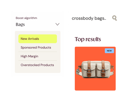 Algorithme de boost mettant en avant les nouveautés pour les sacs, en tête des résultats de recherche