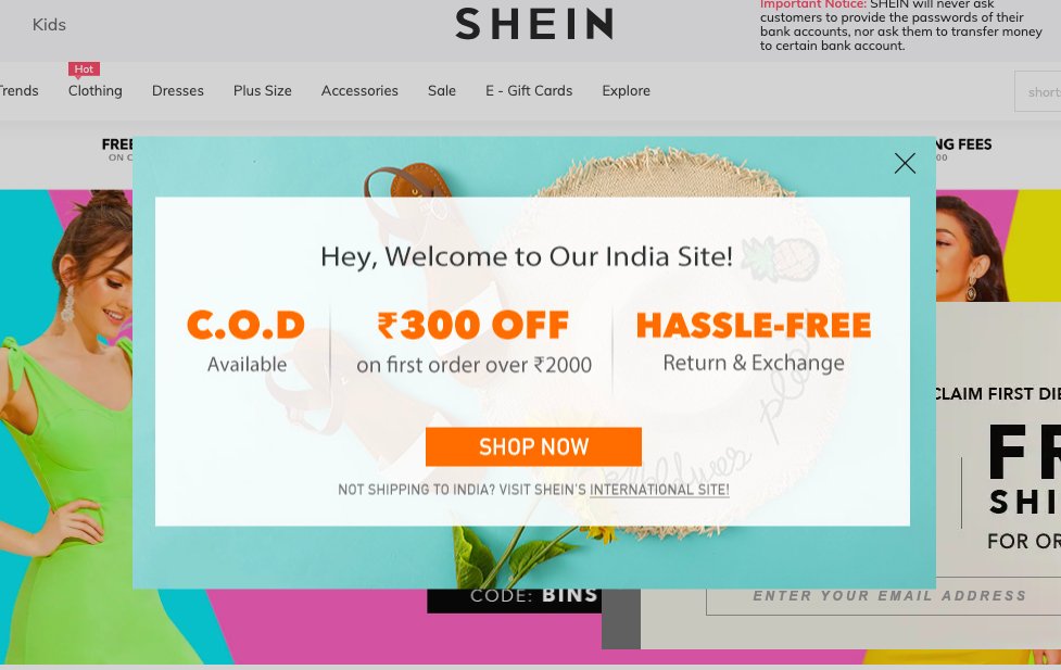 exit intent website pop-ups on SHEIN.com