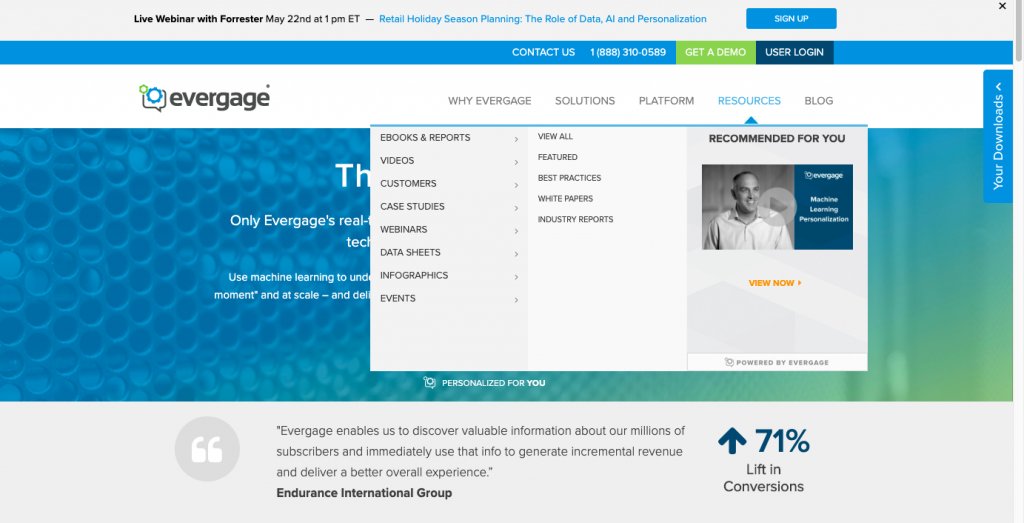evergage navigation menu personalized recommendations