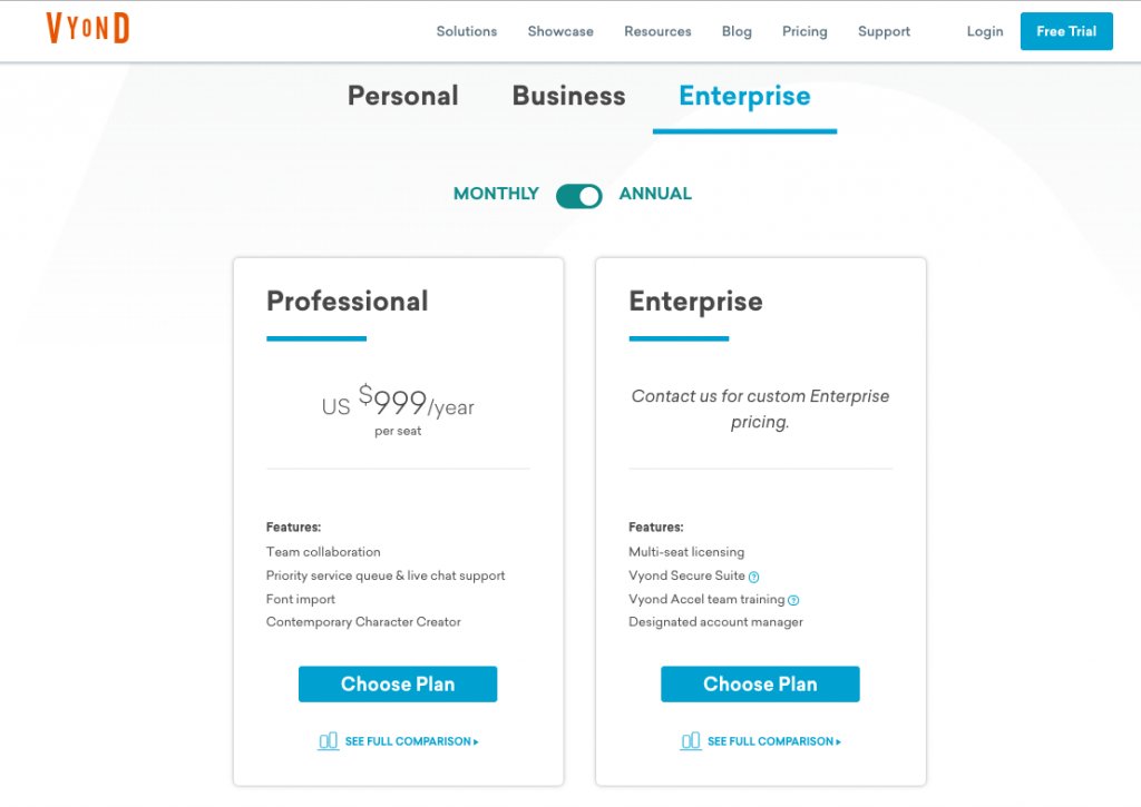 vyond.com enterprise pricing plan page