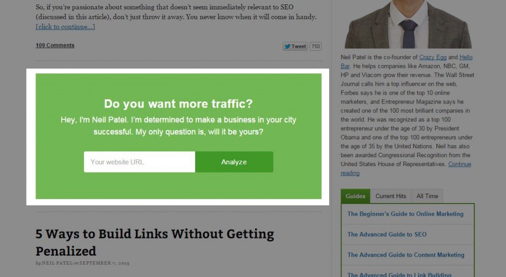 Example of in-content pop-up opt-in form