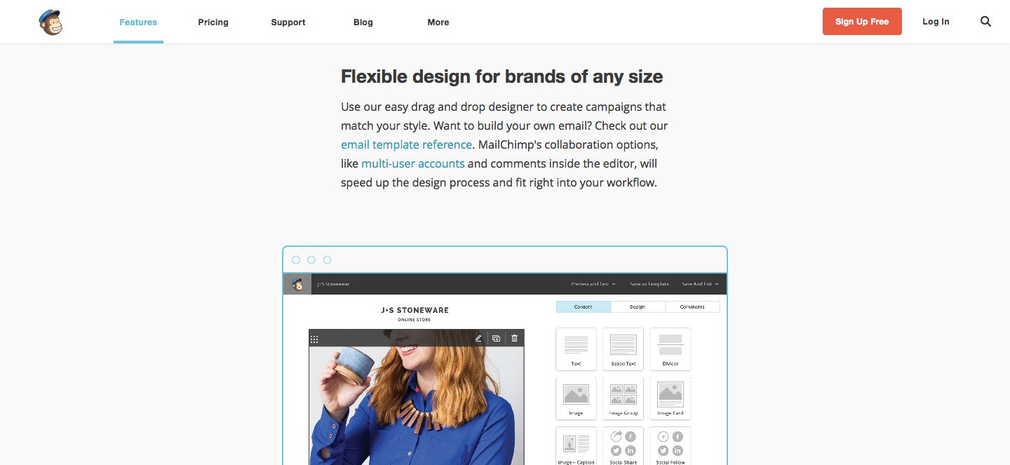 benefit-driven features on the homepage for MailChimp