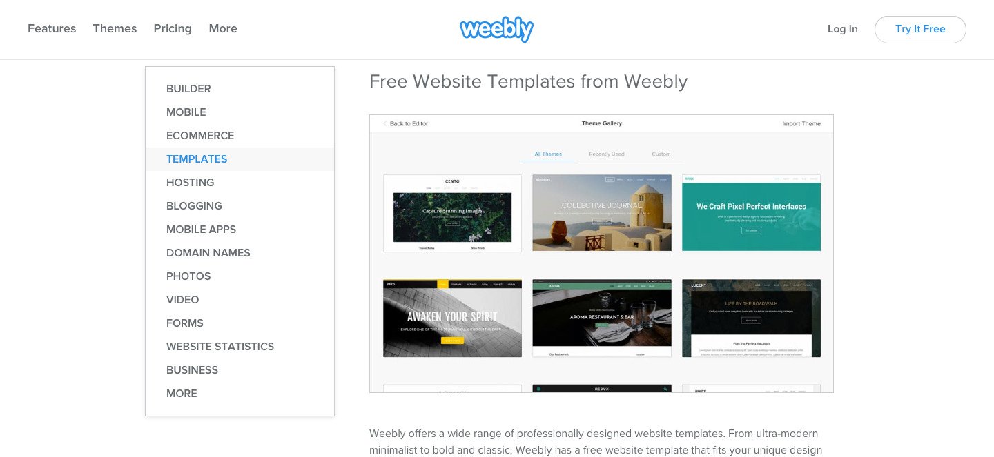 screenshot of the Weebly features page