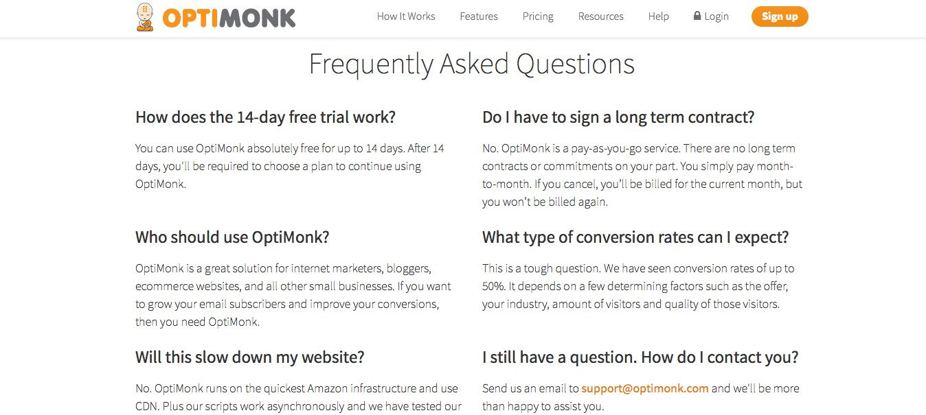 FAQs on Pricing Page by Optimonk