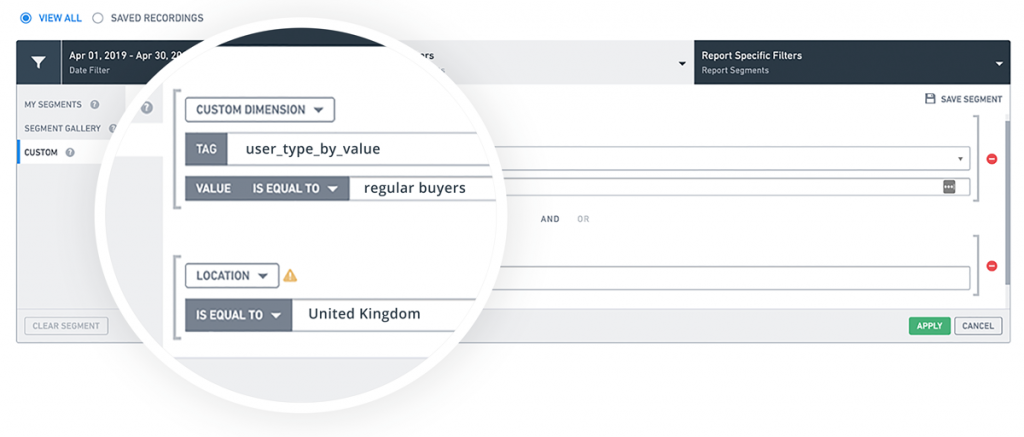 screenshot showing the VWO in-app segmentation of regular users from Britain